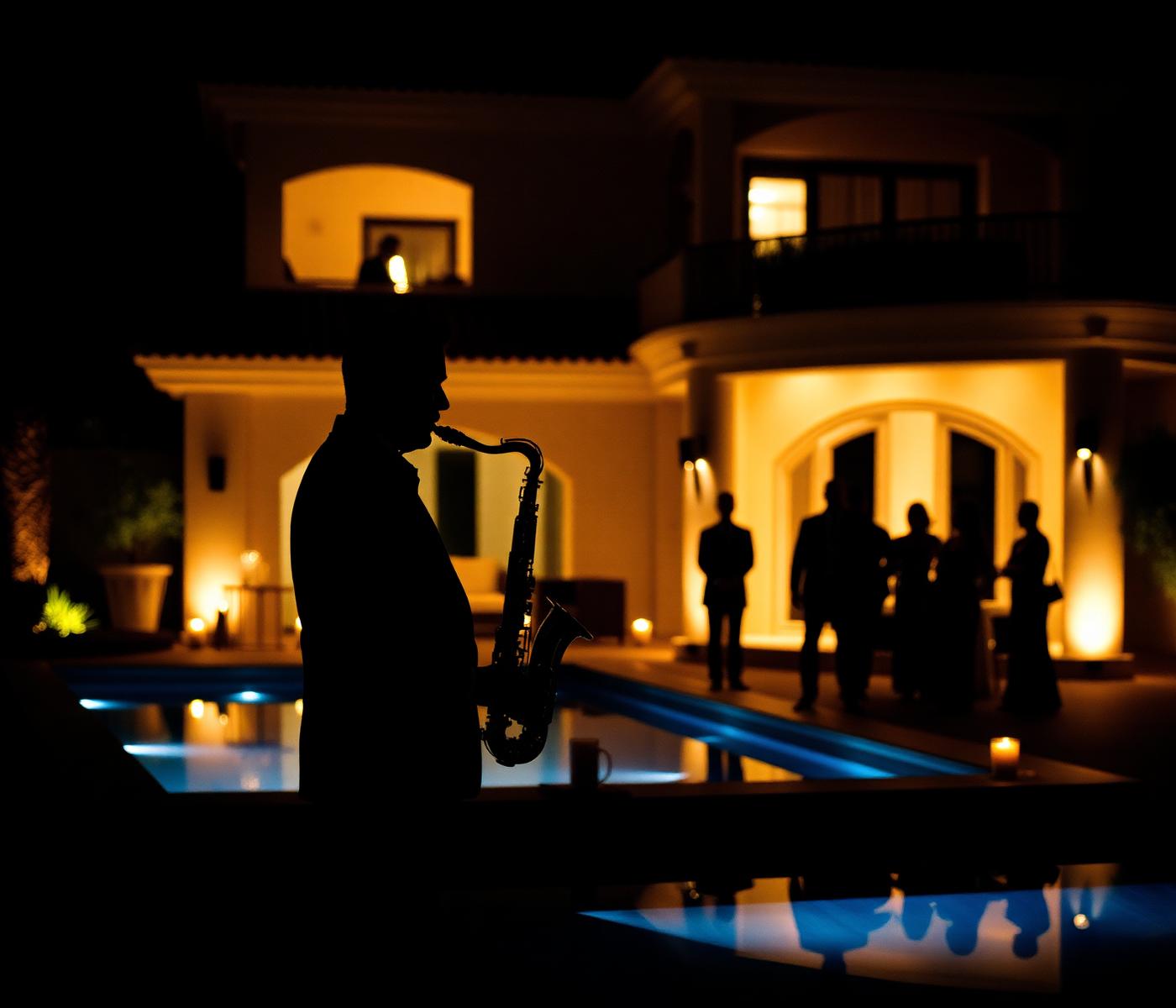 Saxophonist performing at a private villa party in Spain